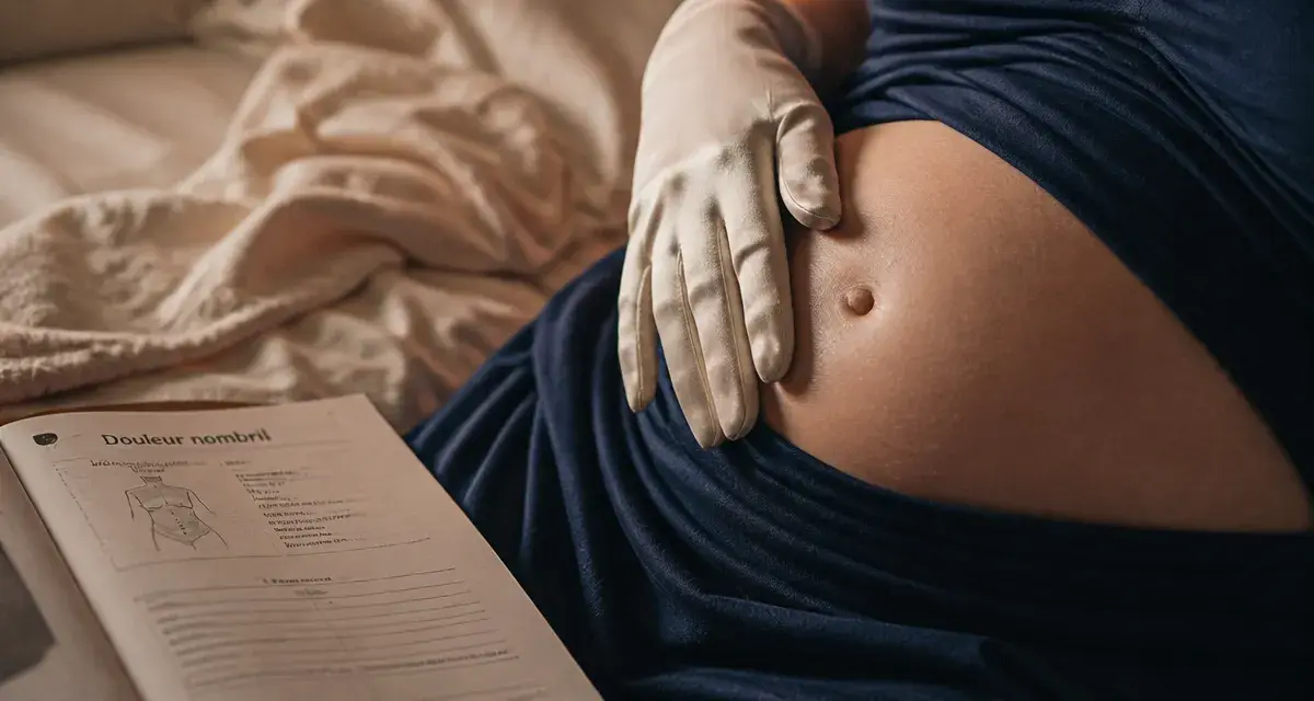 Douleurs nombril enceinte : main sur le nombril, étirement ou alerte.