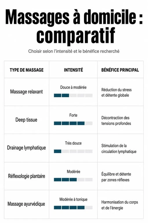 Tableau comparatif des différents types de massages à domicile pour choisir la prestation adaptée à vos besoins
