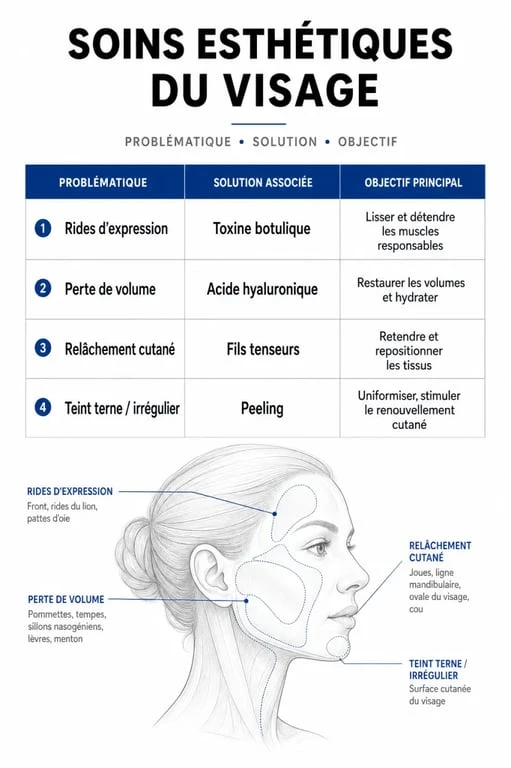 Infographie comparative des soins esthétiques du visage : solutions et objectifs pour chaque problématique cutanée.