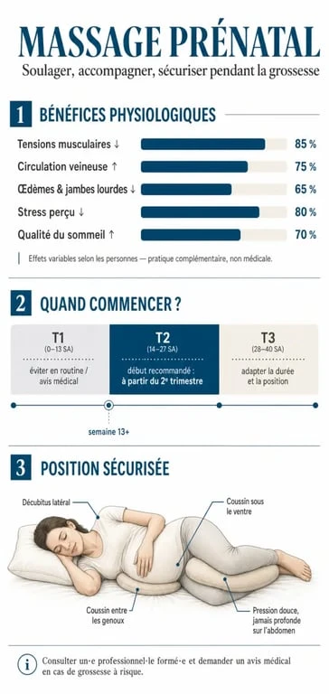 Infographie sur les bienfaits et précautions du massage pour femme enceinte