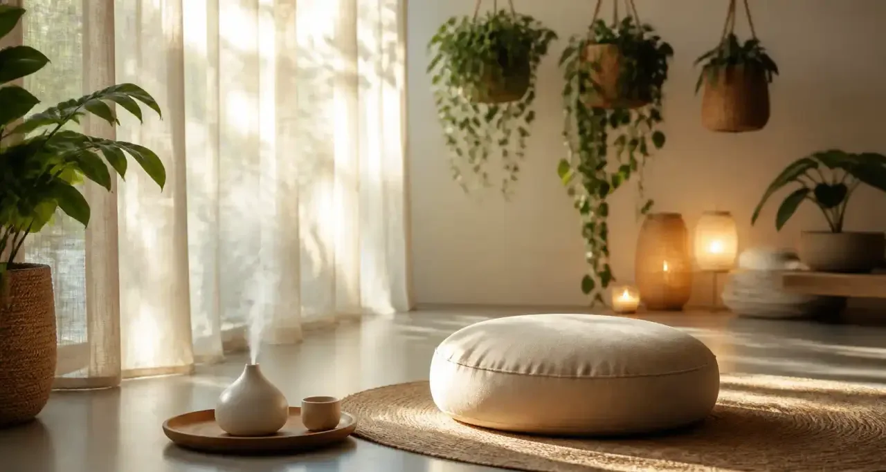 Salon zen d'un institut de bien-être avec espace de méditation baigné de lumière