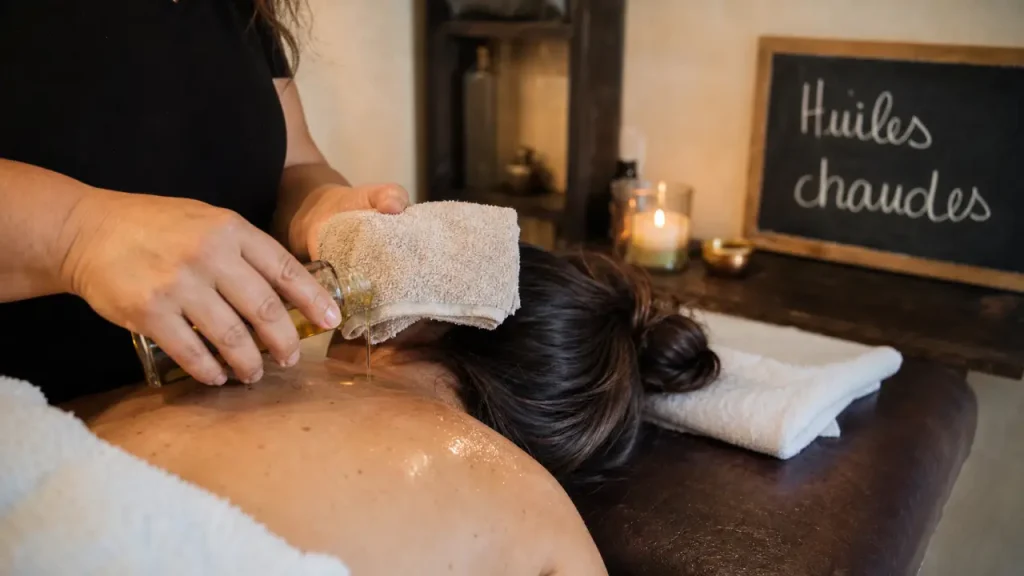 Massage aux huiles chaudes : la chaleur tiède qui relâche les tensions sans brusquer le corps