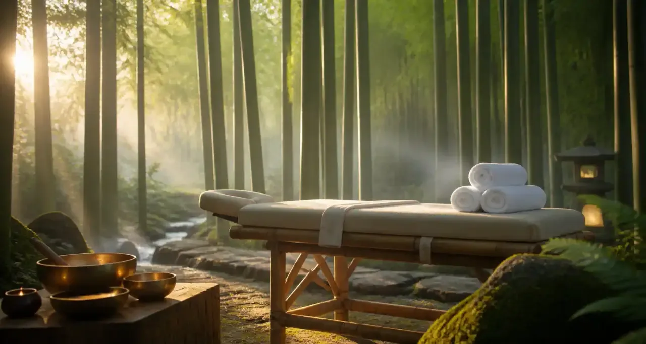 Table de massage en pleine nature entourée de bambous et de bols tibétains