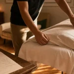 Masseur à domicile installe une table de massage à domicile avec huiles