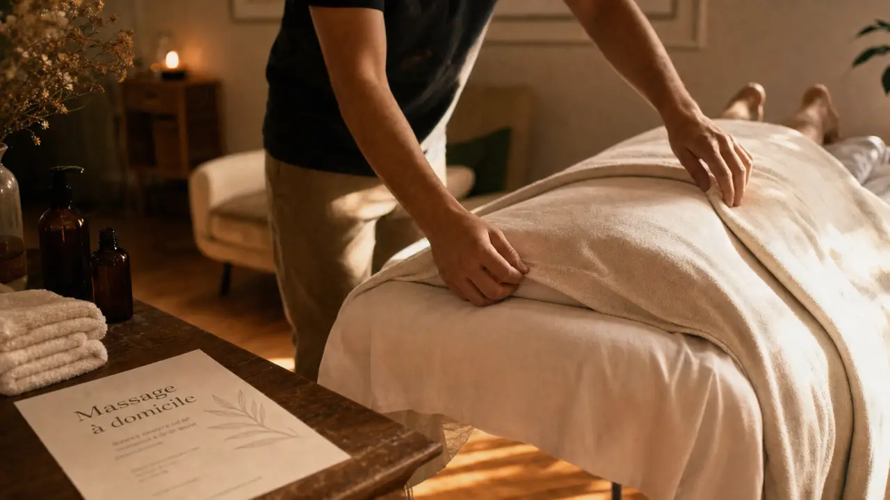 Masseur à domicile installe une table de massage à domicile avec huiles