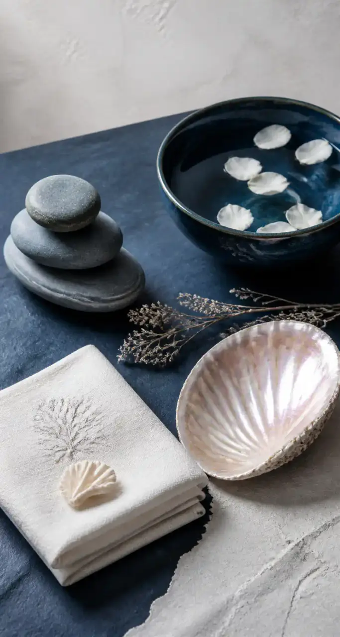 Galets empilés, coquillage nacré et bol d'eau aux pétales blancs sur fond bleu océan, rituel spa inspiré de la mer