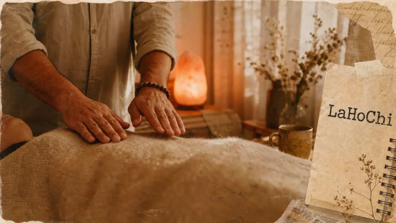 Soin lahochi : mains du praticien sur le torse, séance