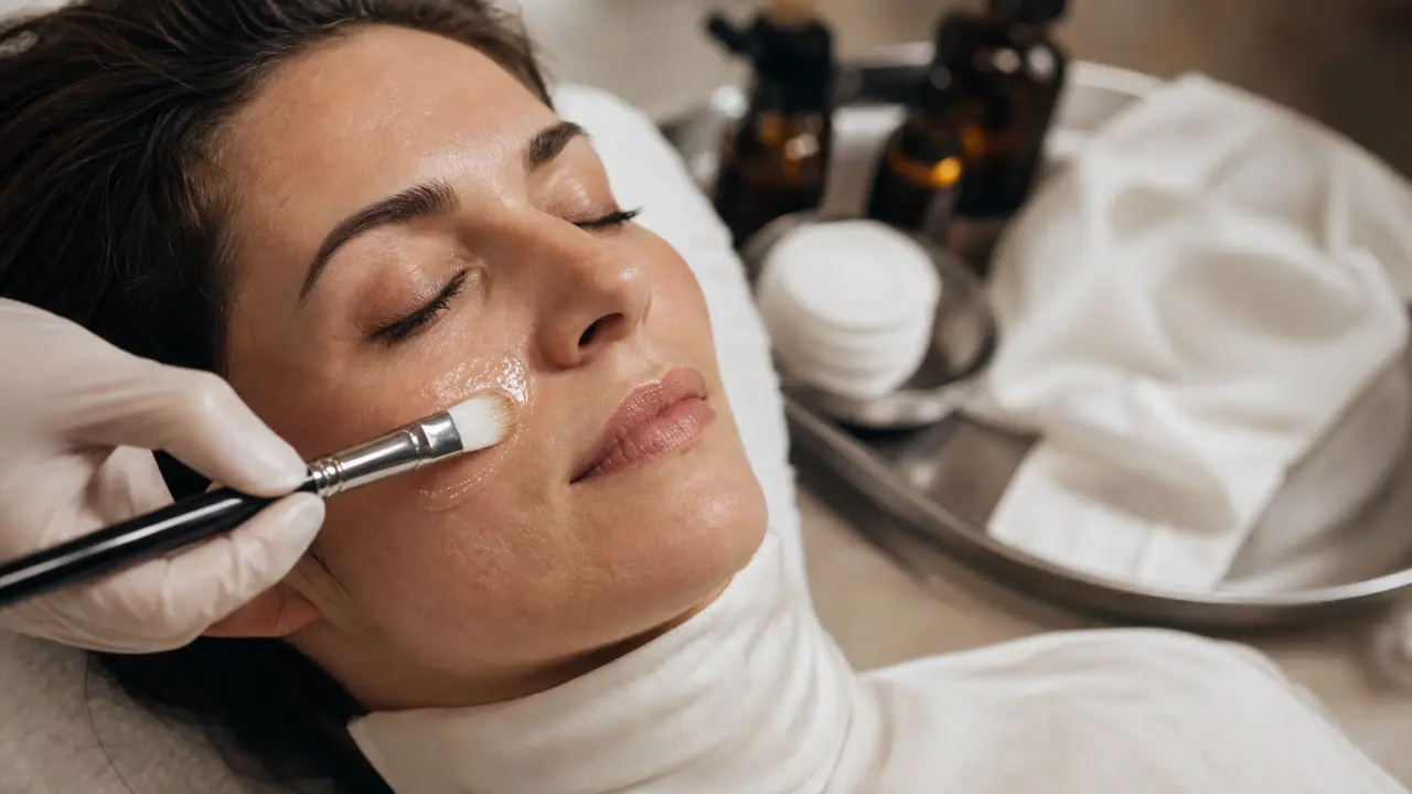 Soin peeling visage appliqué sur la joue, teint lumineux et texture de peau visible