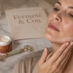 Crème fermeté visage sur table en marbre, peau ferme et hydratée