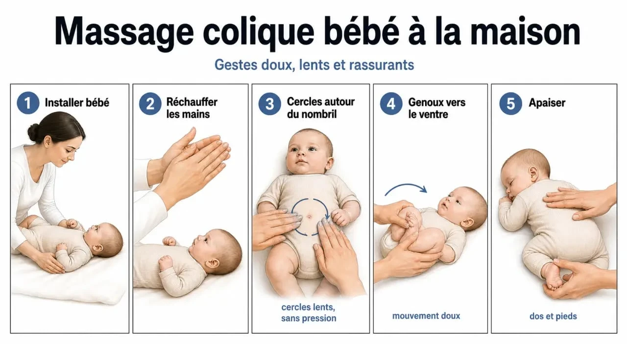 Massage colique bébé : séquence des gestes doux pour soulager les gaz et apaiser le ventre