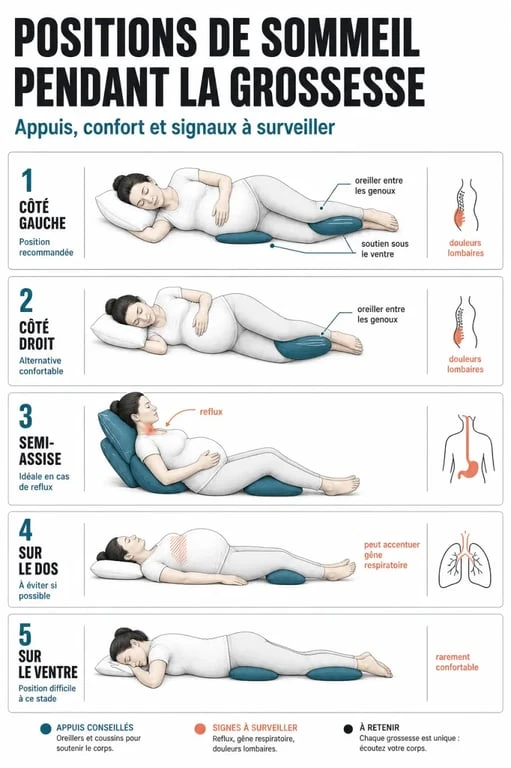 Position dormir enceinte : schéma comparatif des positions recommandées et des coussins utiles pendant la grossesse