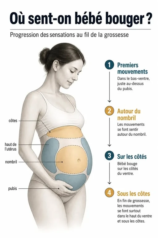 À quel endroit sent-on bébé bouger : schéma des zones ressenties du bas-ventre au haut du ventre pendant la grossesse