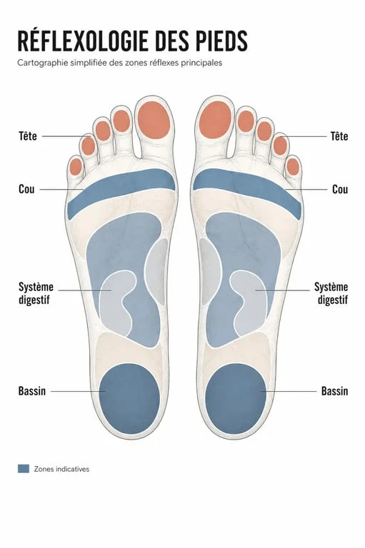 Schéma de réflexologie des pieds avec les zones réflexes principales
