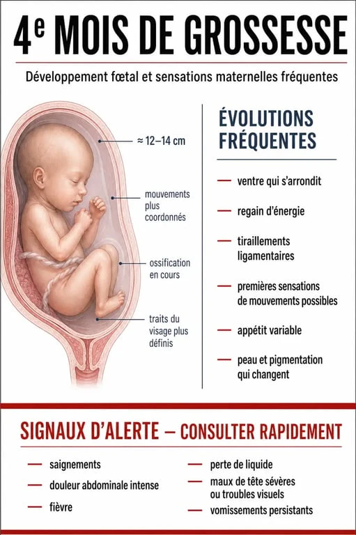Visuel sur le développement du bébé et les symptômes du 4eme mois grossesse