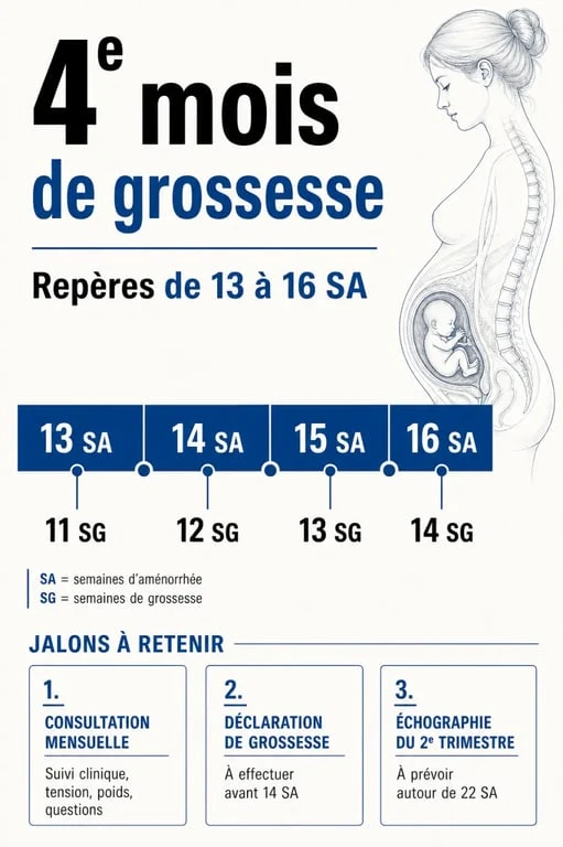 Schéma éditorial du 4eme mois grossesse avec repères SA, calendrier et étapes médicales clés