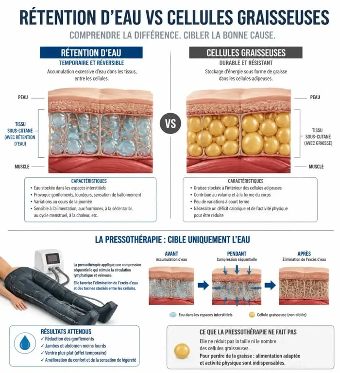 Comparaison entre rétention d'eau et graisse pour la pressothérapie ventre avant après