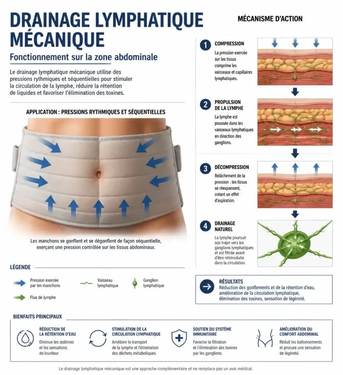 Schéma du fonctionnement de la pressothérapie ventre pour le drainage lymphatique