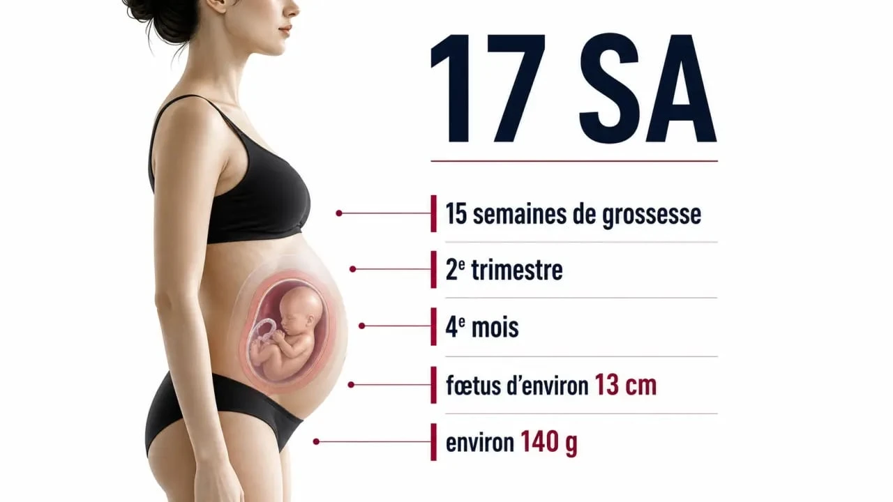 Ventre 17SA chez une femme enceinte de profil avec repères sur la croissance du bébé