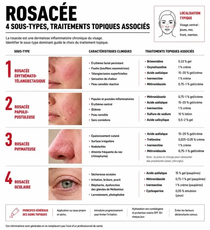 Infographie des traitements et crèmes pour la rosacée du visage selon les symptômes