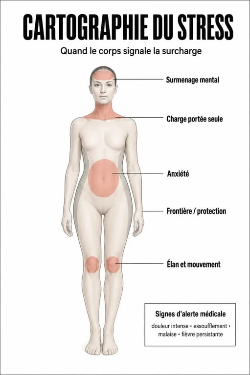 Les maux du corps et leur signification : silhouette annotée des zones du corps, des émotions associées et des signes d’alerte médicale
