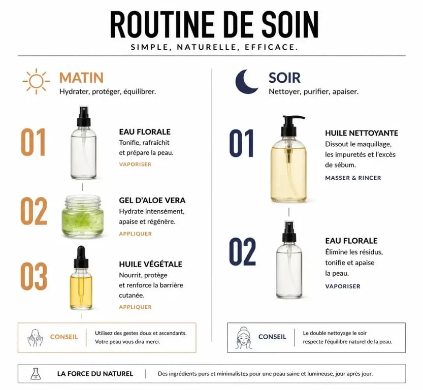 Infographie des étapes d'une routine soin visage naturel pour une peau équilibrée