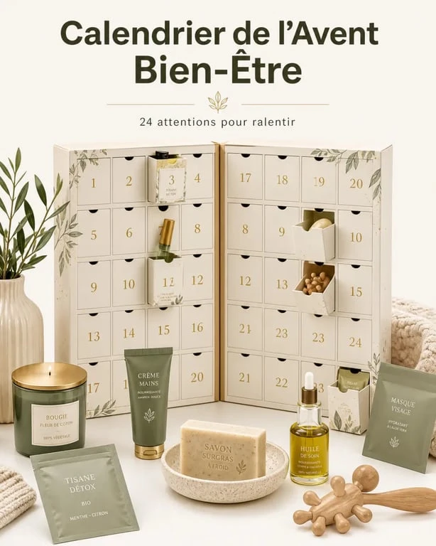Calendrier de l'avent bien etre avec soins, tisanes et bougie parfumée