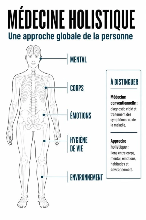 Médecine holistique : schéma éditorial de l'approche globale corps, mental, émotions et environnement