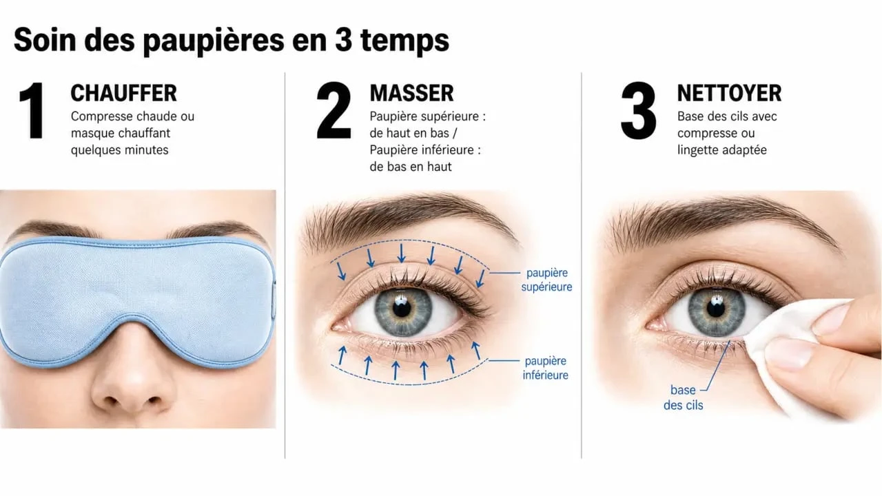 Soin paupiere : schéma des étapes chaleur, massage et nettoyage des paupières