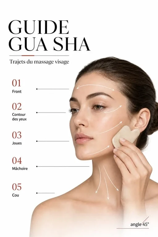 Pierre visage : schéma des gestes de massage du front, des joues, de la mâchoire et du cou