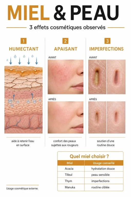 Infographie miel peau : hydratation, apaisement et imperfections