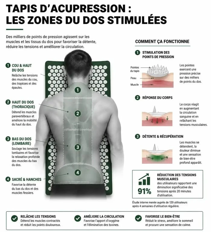 Infographie des bienfaits du tapis d'acupression sur le dos et les muscles