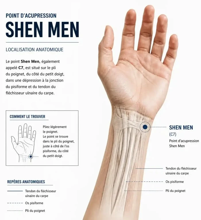 Localisation du point Shen Men pour le sommeil profond et l'acupression