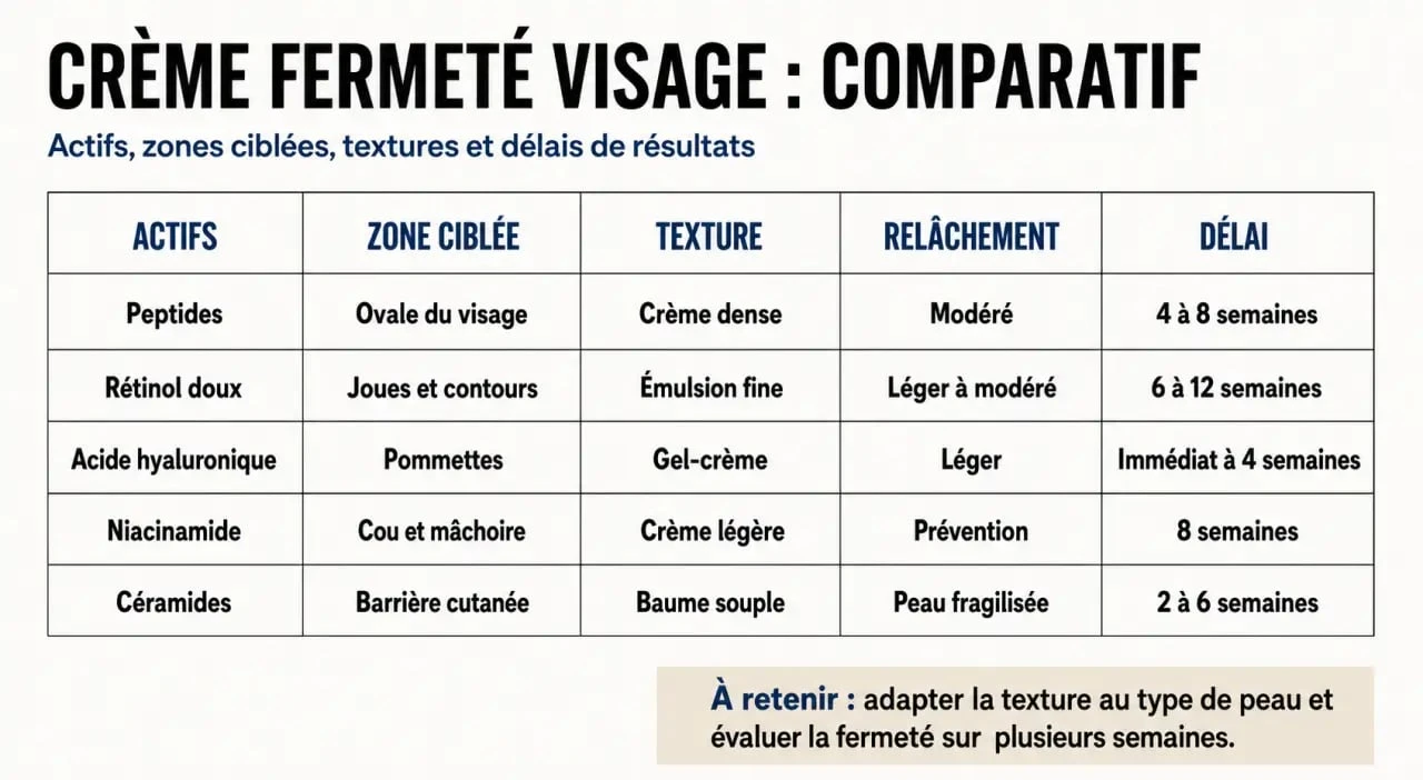 Crème fermeté visage : comparatif des actifs, zones et textures