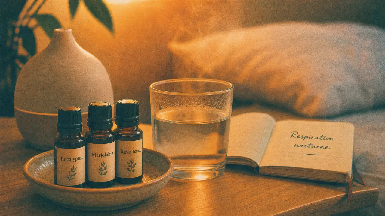 Huile essentielle ronflement : eucalyptus, marjolaine et ravintsara, inhalation pour nez bouché la nuit