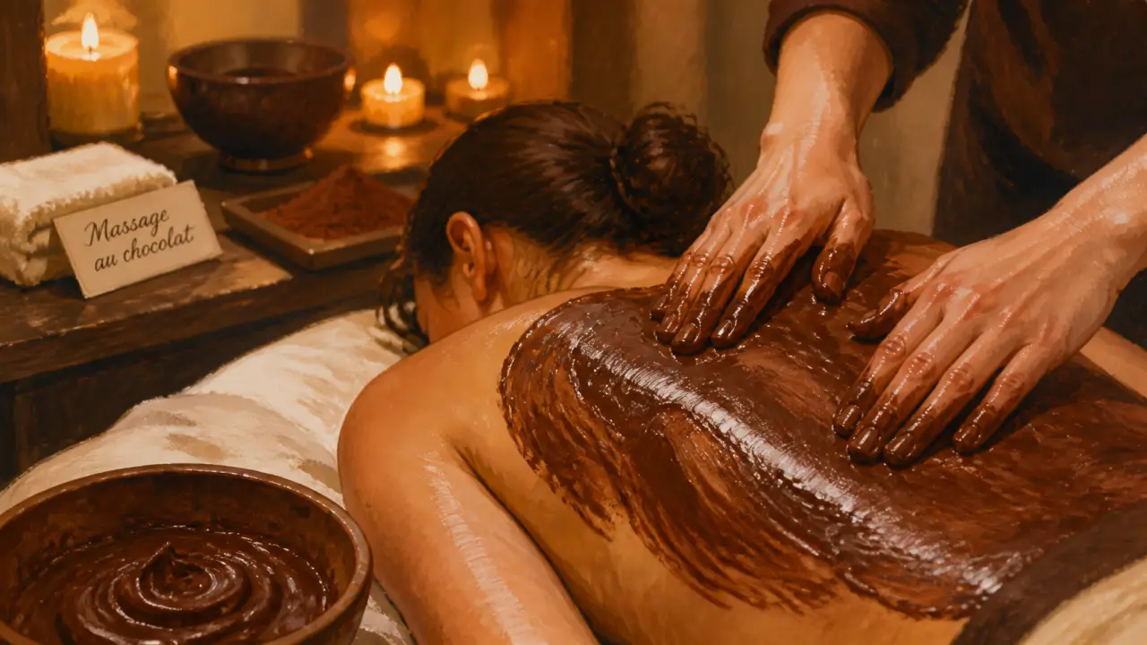 Massage au chocolat : cacao tiède et peau douce en cabine spa