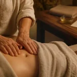 Massage chinois du ventre Chi Nei Tsang, mains sur le ventre