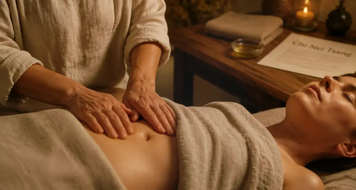 Massage chinois du ventre Chi Nei Tsang, mains sur le ventre