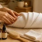 Massage colique bébé : mains parentales avec huile tiède sur le ventre, bébé emmailloté