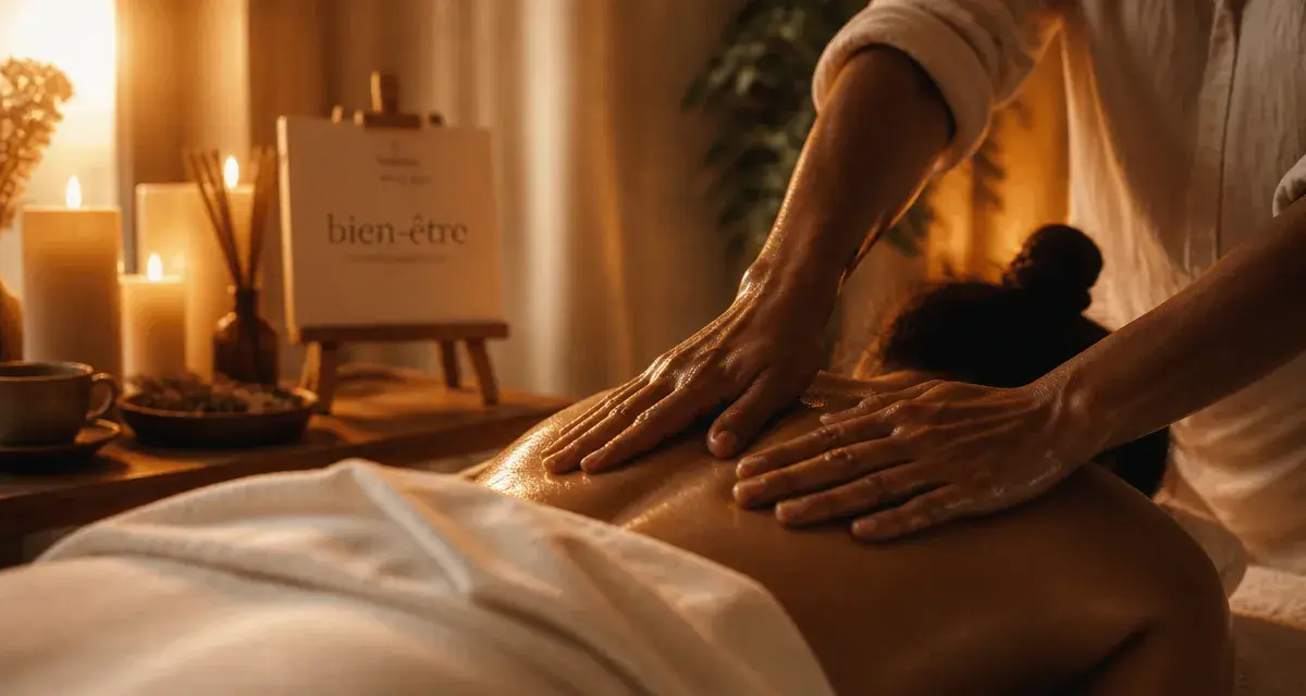 Massage du corp : praticien applique huile tiède sur le dos en spa