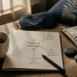 Médecine holistique : tasse de tisane et carnet, approche globale