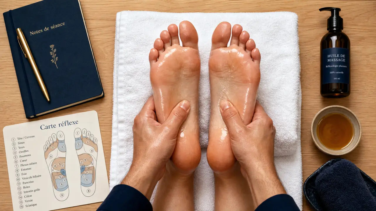 Réflexologie des pieds : praticien masse la plante