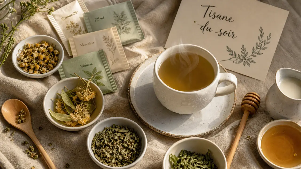 Tisane sommeil profond au coucher : camomille, tilleul, verveine, mélisse, tasse fumante