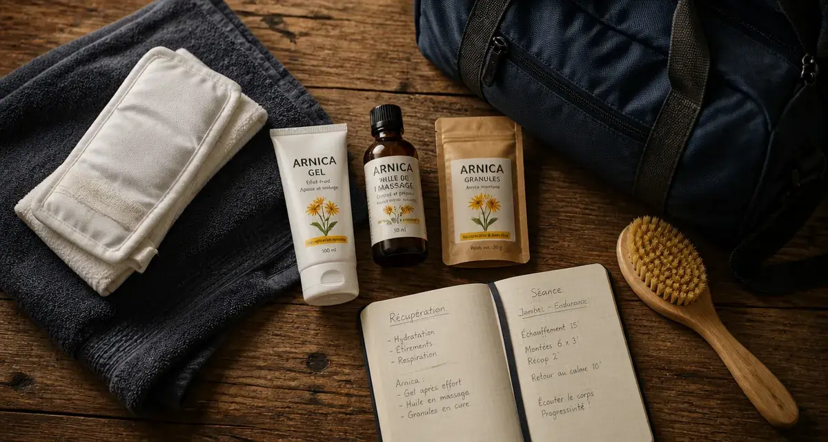 Arnica douleur musculaire : gel, huile et granules sur table