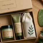 Coffret beauté bio ouvert, produits naturels et accessoires beauté