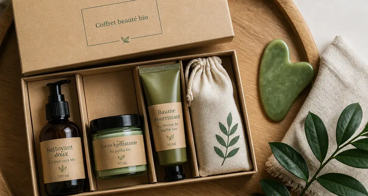 Coffret beauté bio ouvert, produits naturels et accessoires beauté