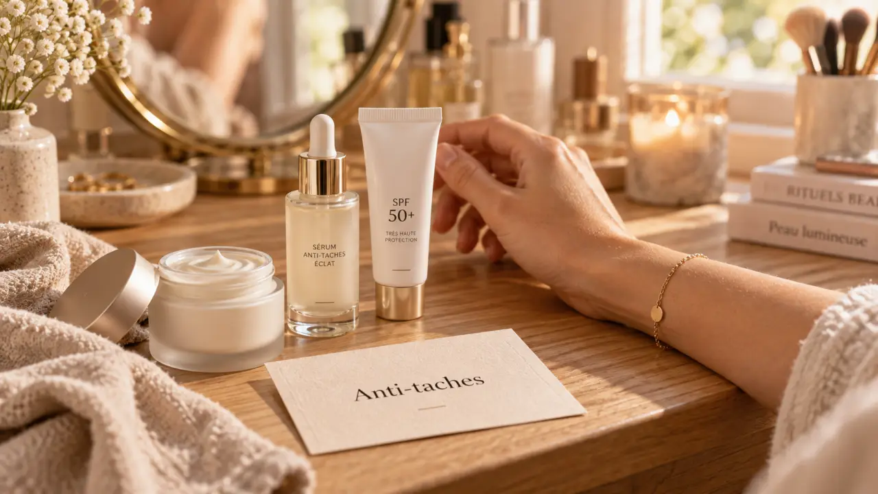 Crème éclaircissante anti-taches visage, sérum et SPF sur vanity