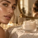 Crème glow visage : pot et spatule sur tissu lin, teint lumineux sans effet gras