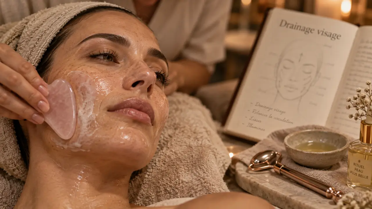 Drainage du visage : gua sha sur joue pour dégonfler et illuminer le teint
