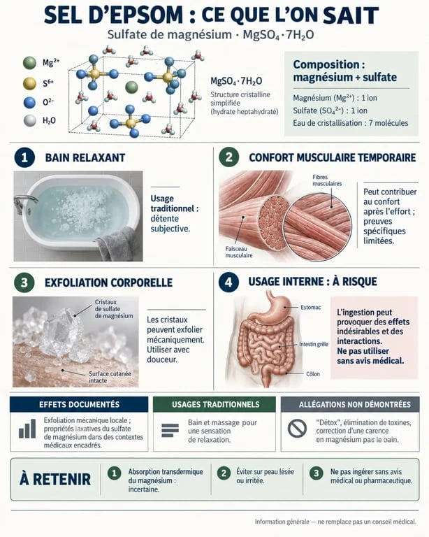 Infographie sur le sel d’Epsom bienfaits, usages externes, effets potentiels et précautions