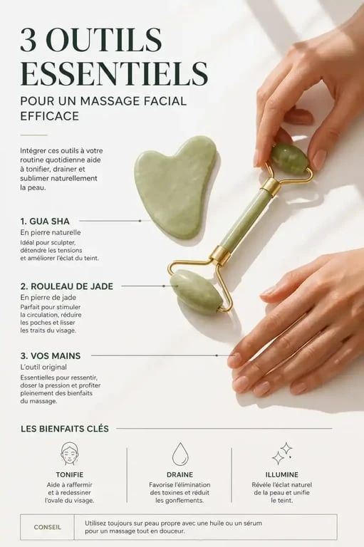 Outils pour le drainage du visage : Gua Sha, roller et massage manuel